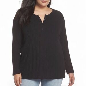 Caslon Black Waffle Knit Henley Long Sleeve Top 0X
